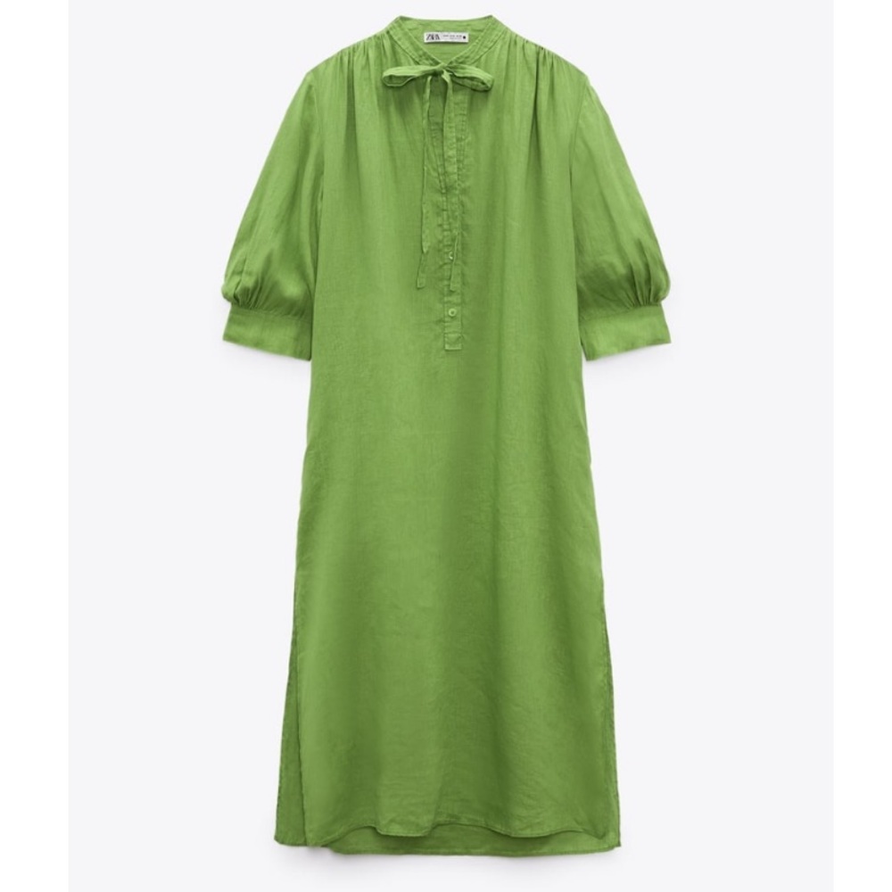 Neck Tie 100% European Apple Green Linen Dress By Zara Nwt